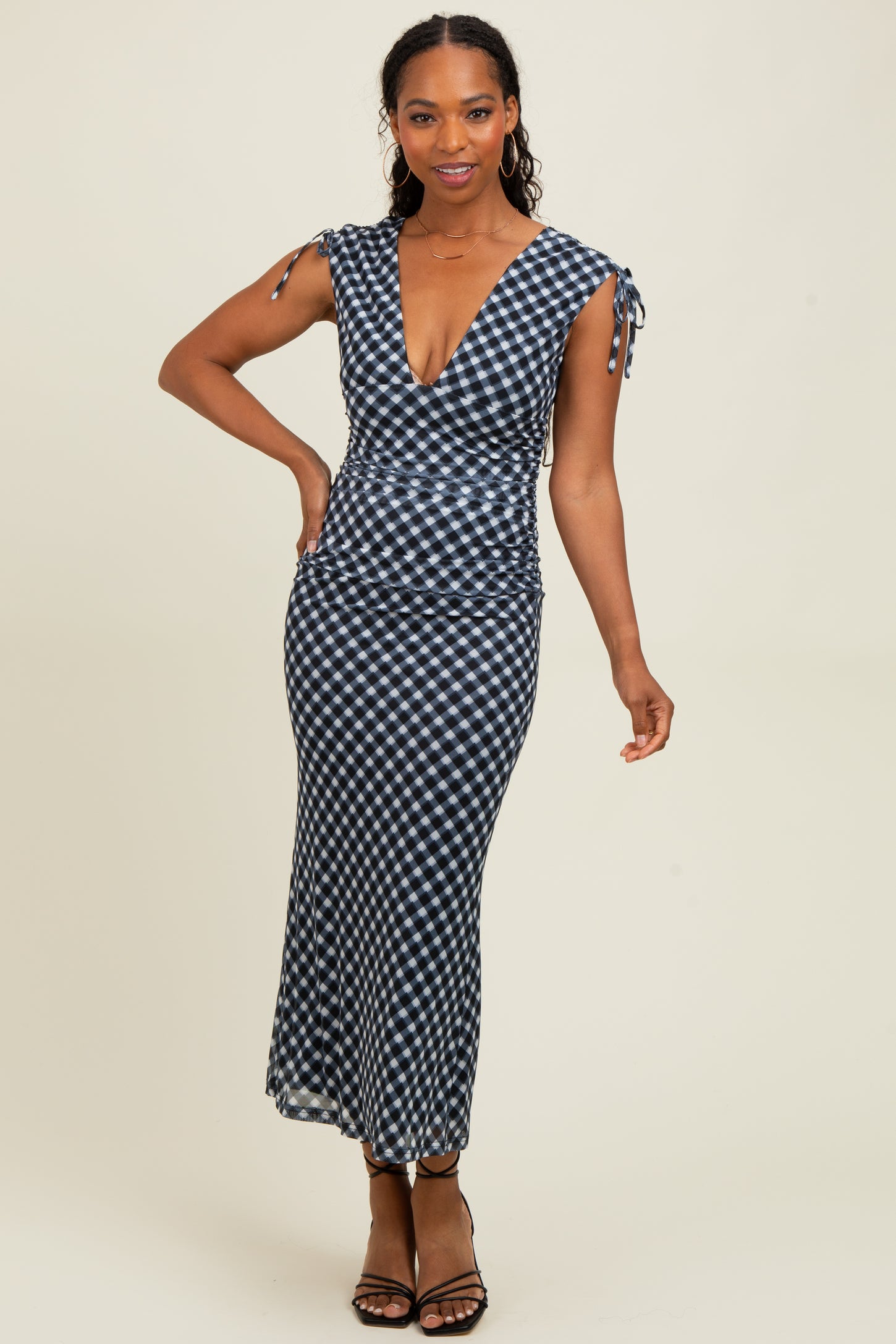 Black Ruched Gingham Shoulder Tie Maxi Dress