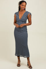 Black Ruched Gingham Shoulder Tie Maxi Dress