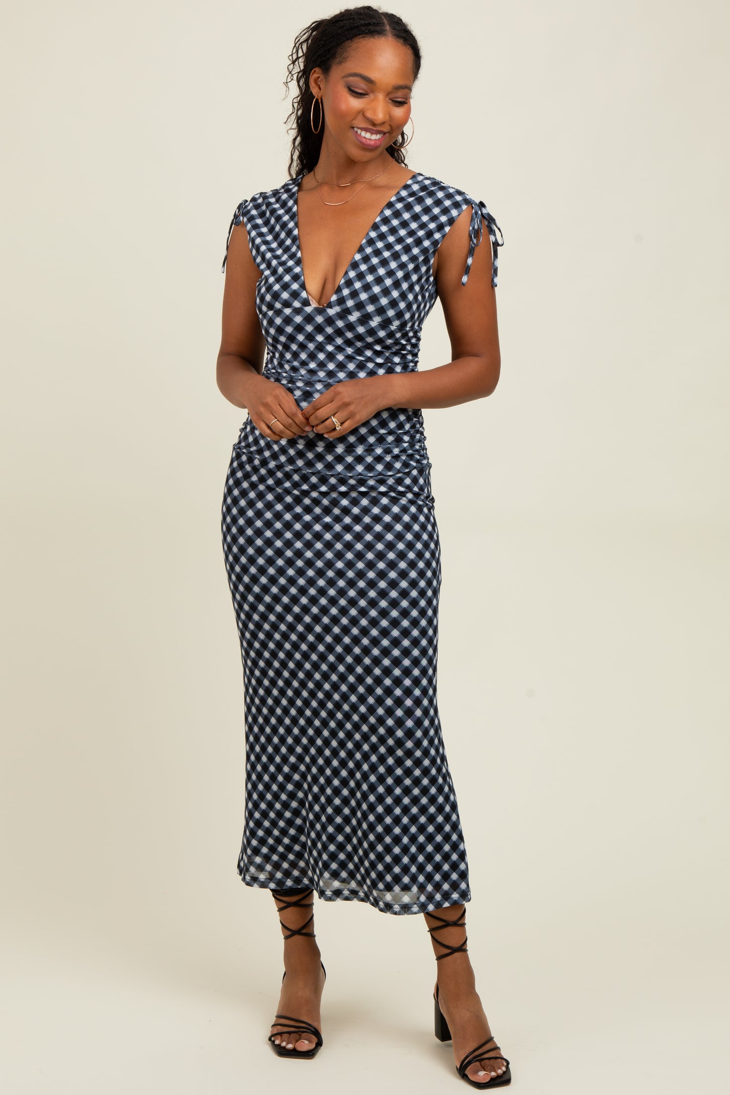 Black Ruched Gingham Shoulder Tie Maternity Maxi Dress