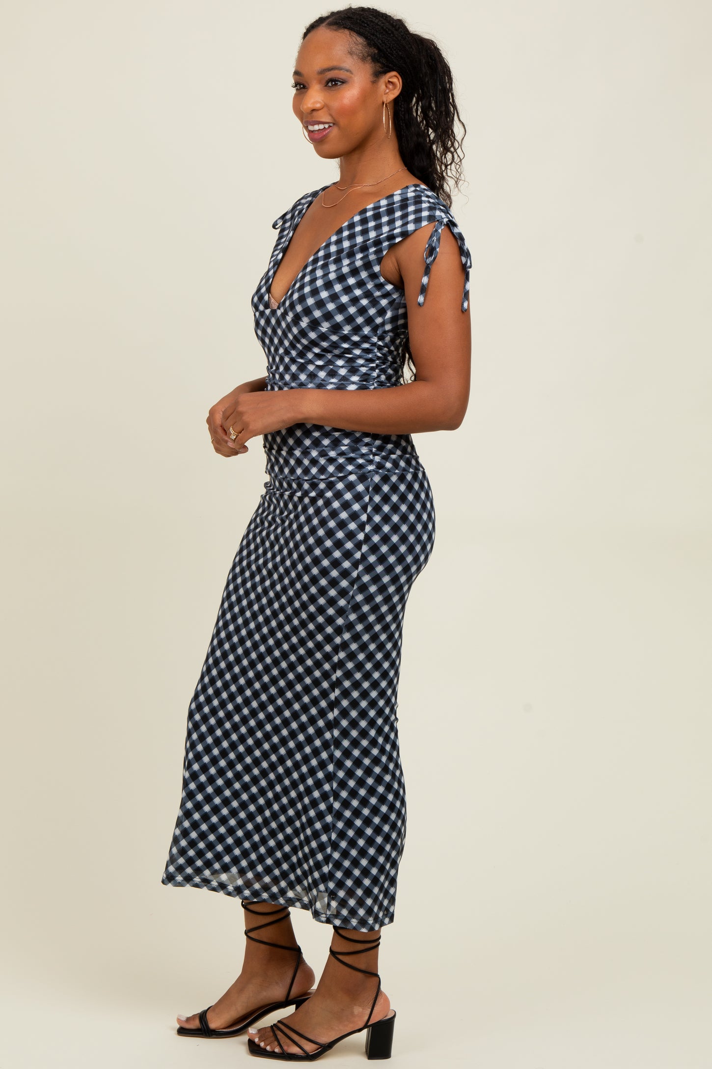 Black Ruched Gingham Shoulder Tie Maxi Dress