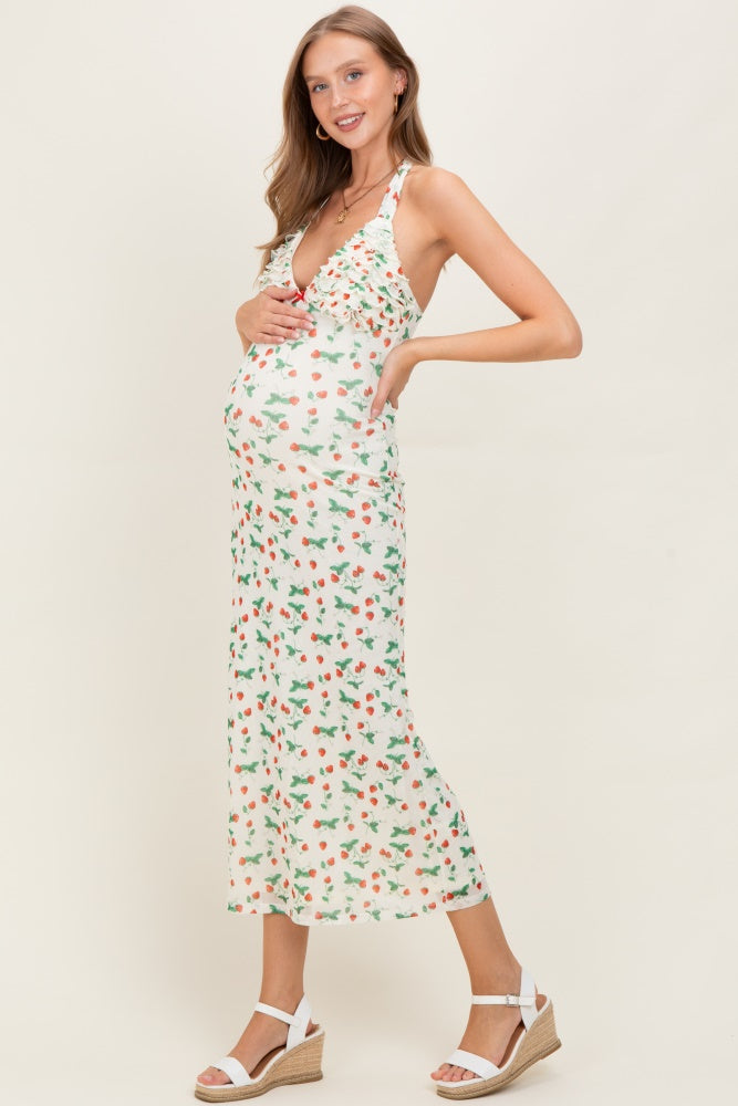 Ivory Strawberry Print Ruffle Detail Halter Maternity Maxi Dress