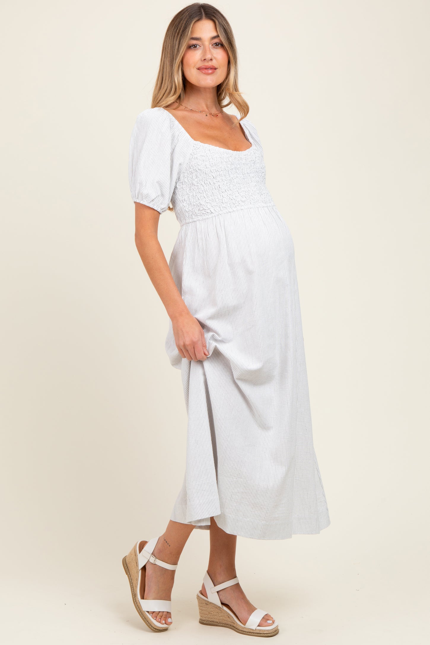 White Popcorn Smocking Bubble Sleeve Maternity Midi Dress