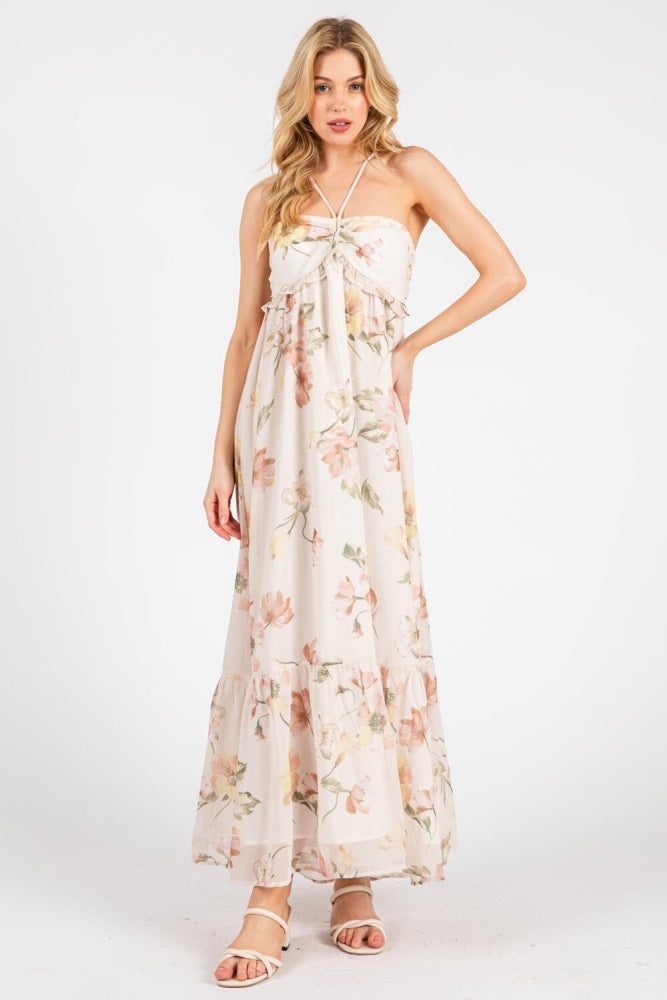 Cream Floral Chiffon Halter Maternity Maxi Dress