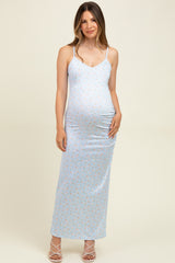 Light Blue Spring Floral Print Sleeveless Maternity Dress