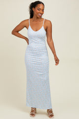 Light Blue Spring Floral Print Sleeveless Dress