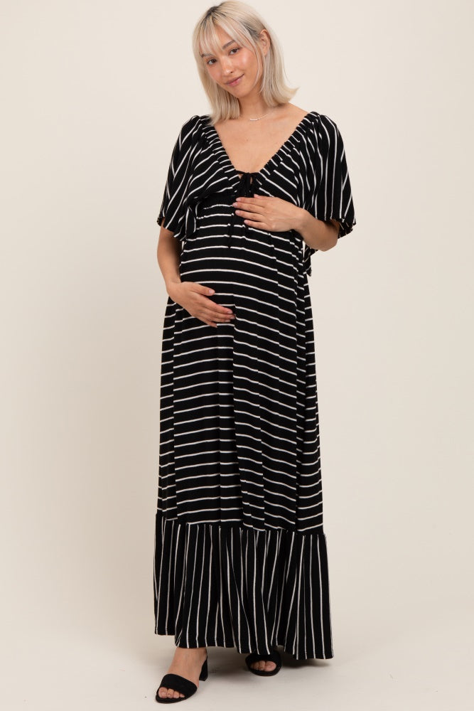 Black/ Cream Stripe Knit Flutter Sleeve V-Neck Tiered Maternity Maxi Dress