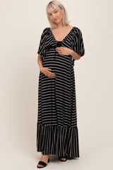Black/ Cream Stripe Knit Flutter Sleeve V-Neck Tiered Maternity Maxi Dress