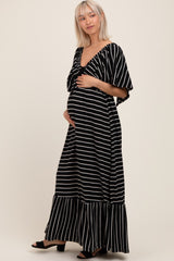 Black/ Cream Stripe Knit Flutter Sleeve V-Neck Tiered Maternity Maxi Dress