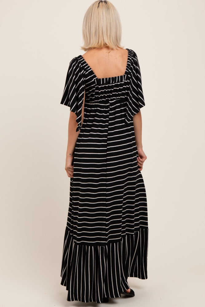 Black/ Cream Stripe Knit Flutter Sleeve V-Neck Tiered Maternity Maxi Dress