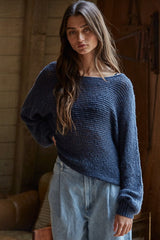 Navy Open Crochet Knit Wide Neck Maternity Sweater