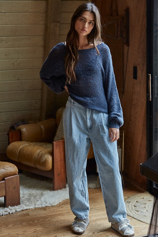 Navy Open Crochet Knit Wide Neck Sweater