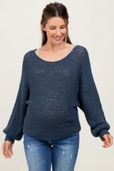 Navy Open Crochet Knit Wide Neck Maternity Sweater