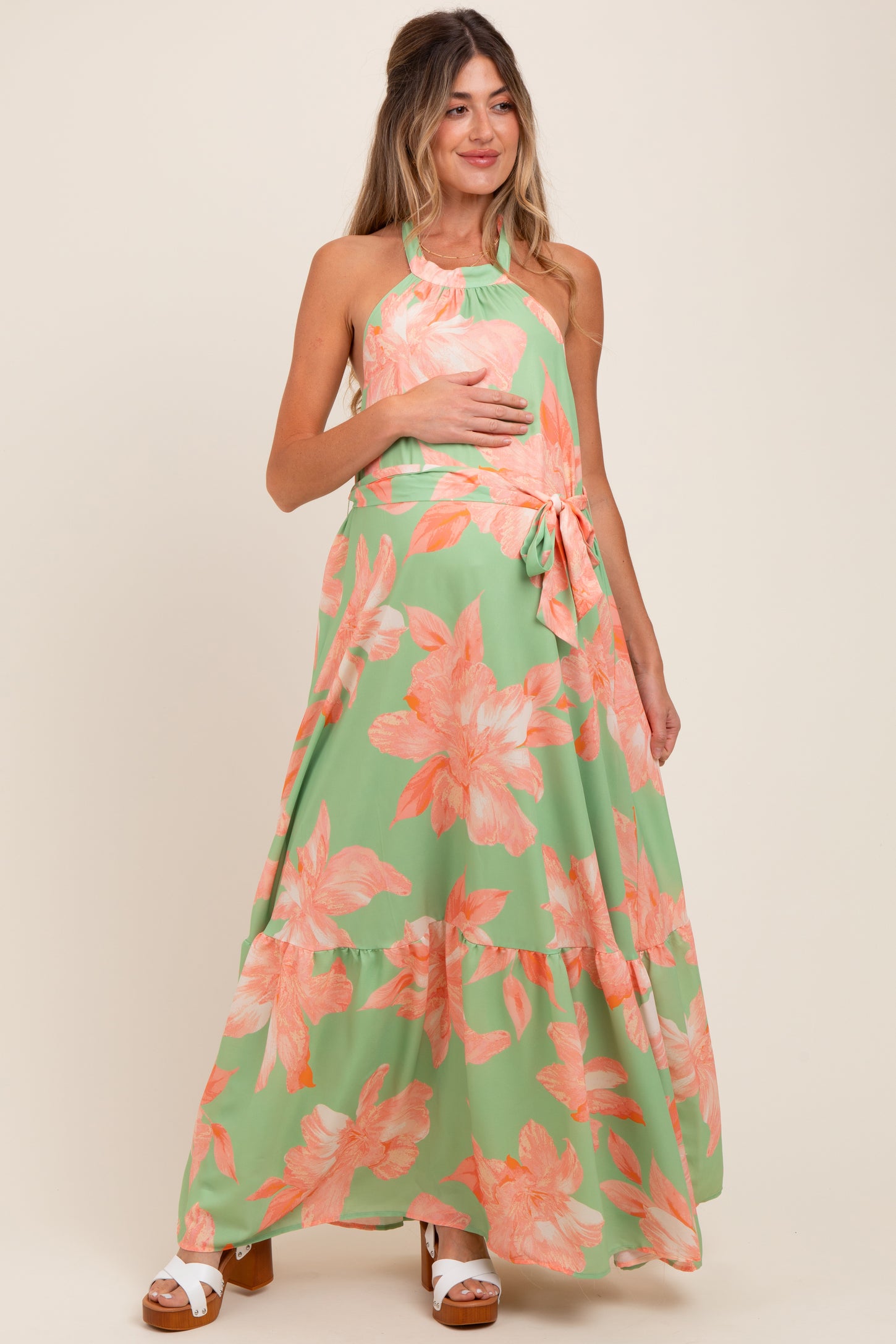 Mint Green Floral Halter Neck Open Back Maternity Maxi Dress