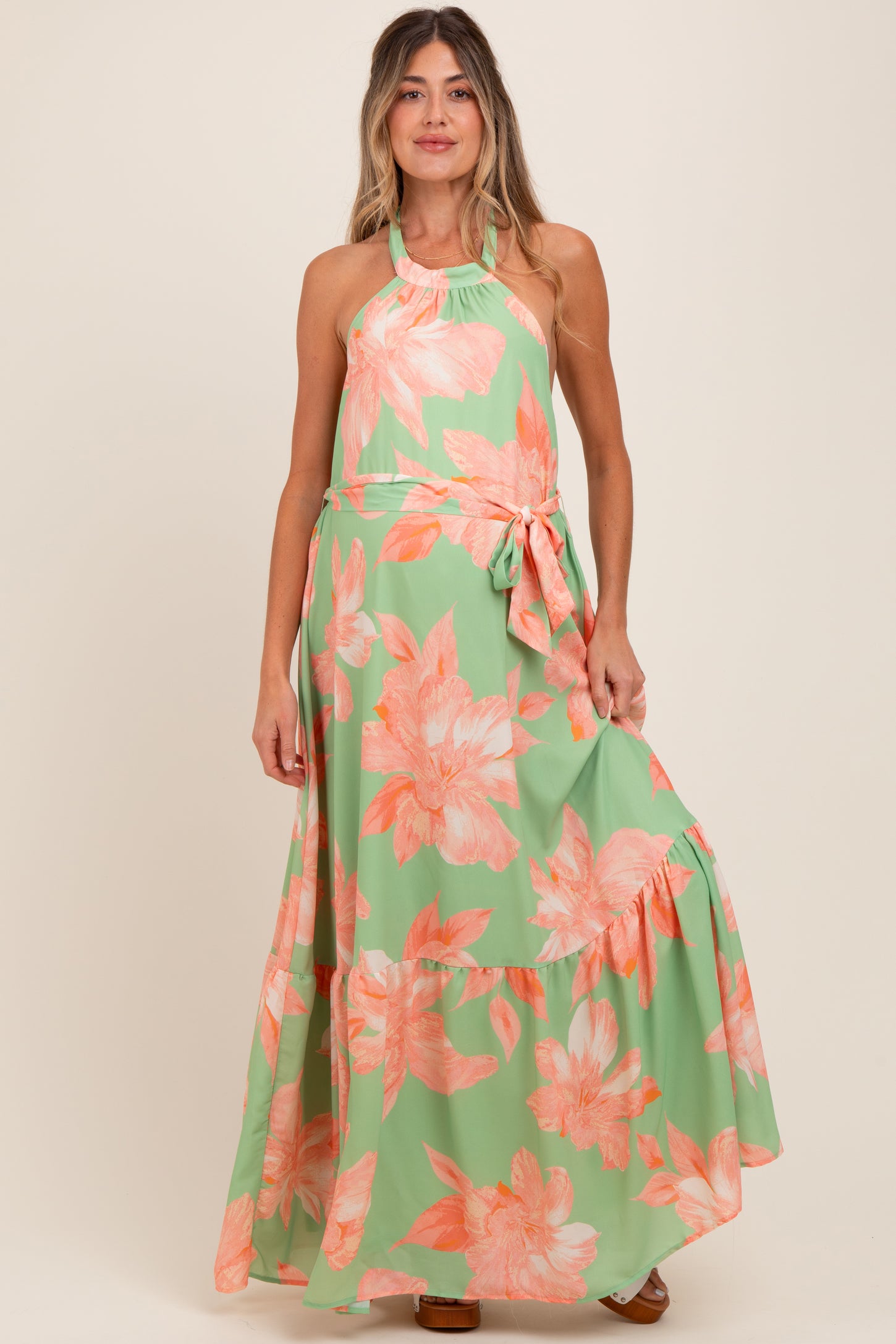 Mint Green Floral Halter Neck Open Back Maternity Maxi Dress