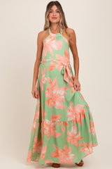 Mint Green Floral Halter Neck Open Back Maternity Maxi Dress