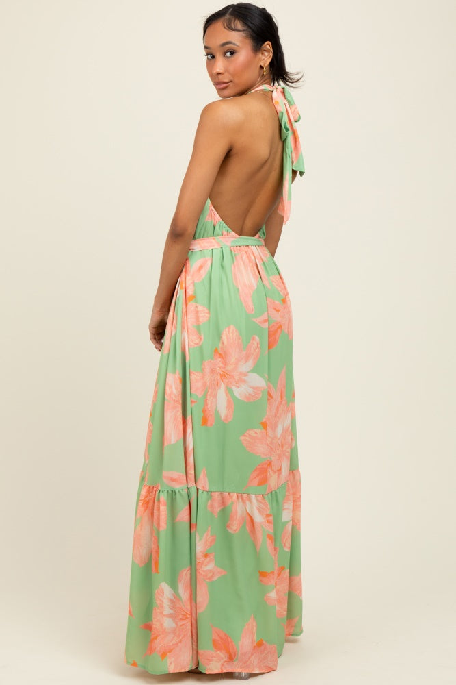 Mint Green Floral Halter Neck Open Back Maxi Dress