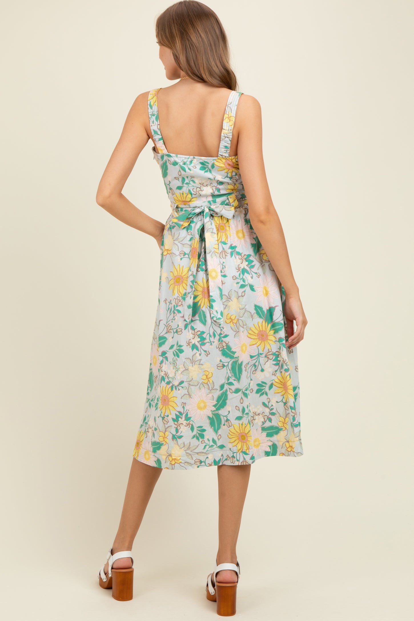 Green Floral Button Front Sash Tie Maternity Midi Dress