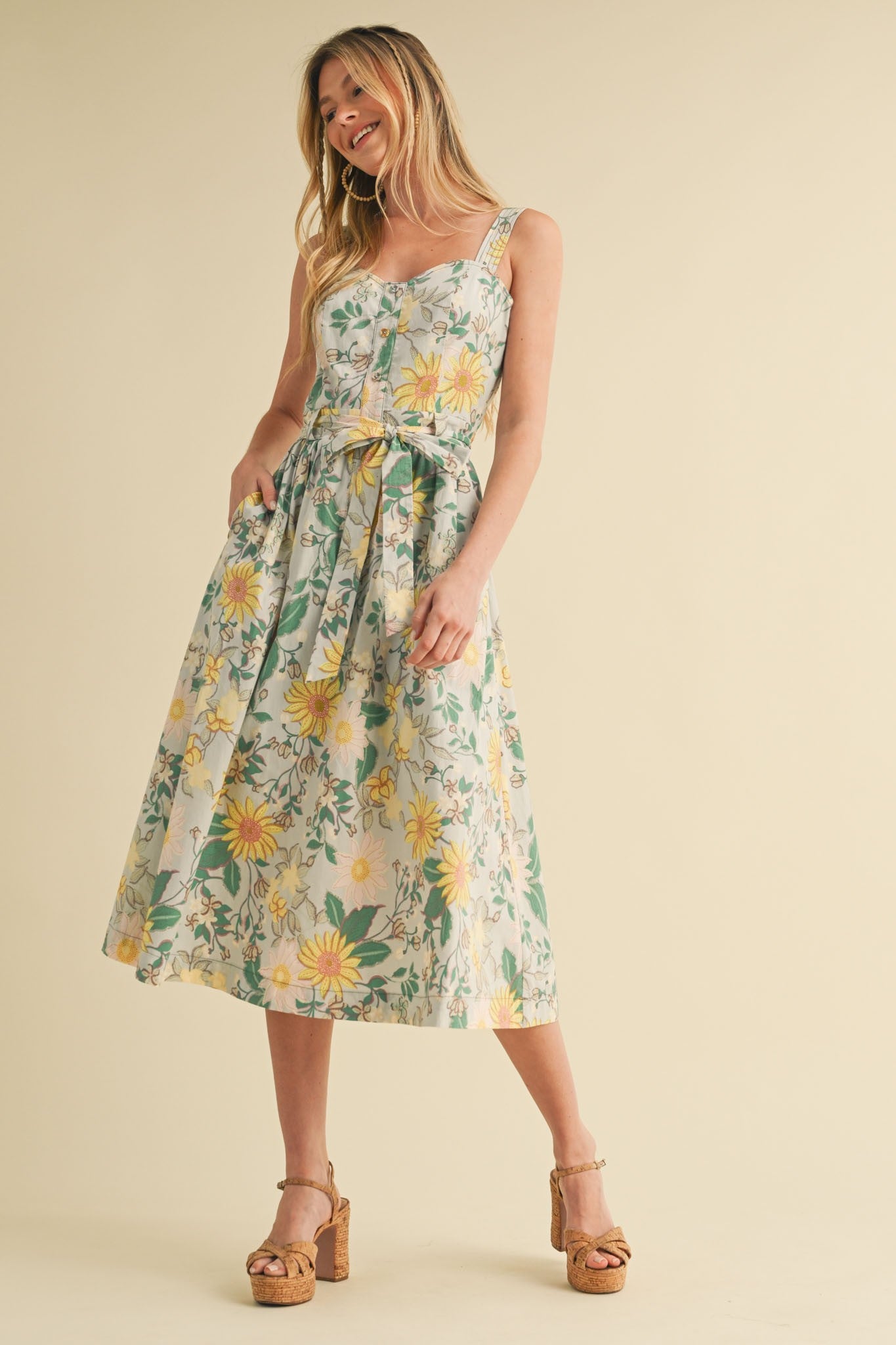 Green Floral Button Front Sash Tie Maternity Midi Dress