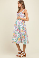 Ivory Floral Button Front Sash Tie Maternity Midi Dress