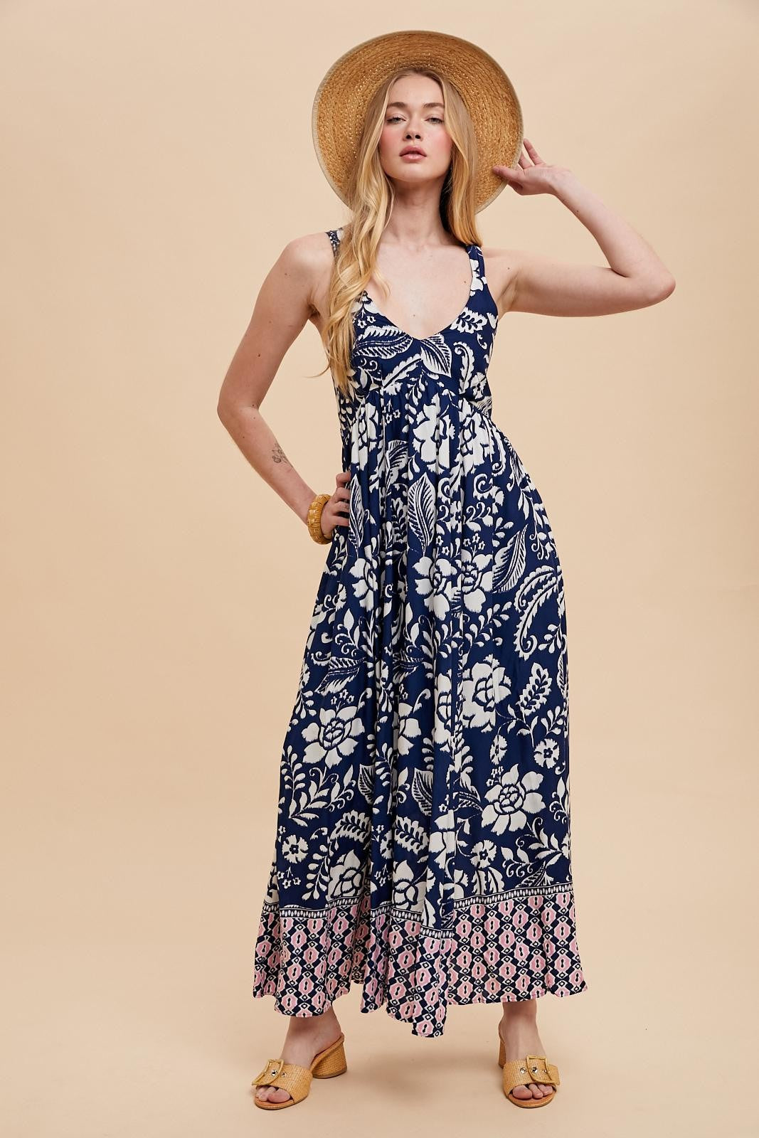 Navy Floral Crisscross Back Cutout Maxi Dress
