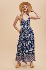 Navy Floral Crisscross Back Cutout Maxi Dress