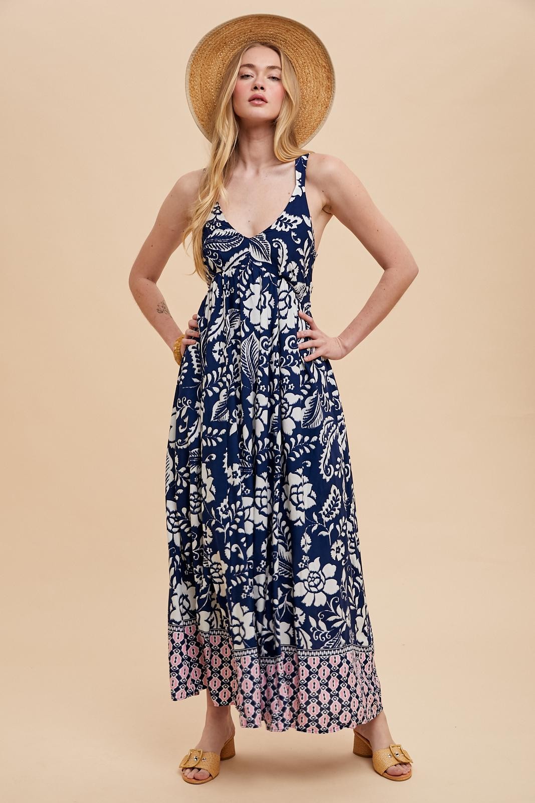 Navy Floral Crisscross Back Cutout Maxi Dress