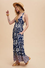 Navy Floral Crisscross Back Cutout Maxi Dress