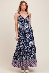 Navy Floral Crisscross Back Cutout Maternity Maxi Dress