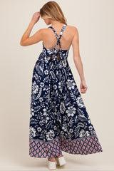 Navy Floral Crisscross Back Cutout Maternity Maxi Dress