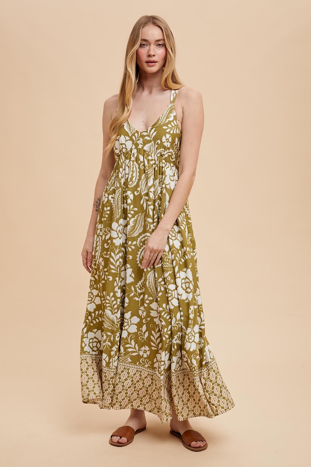 Olive Floral Crisscross Back Cutout Maxi Dress