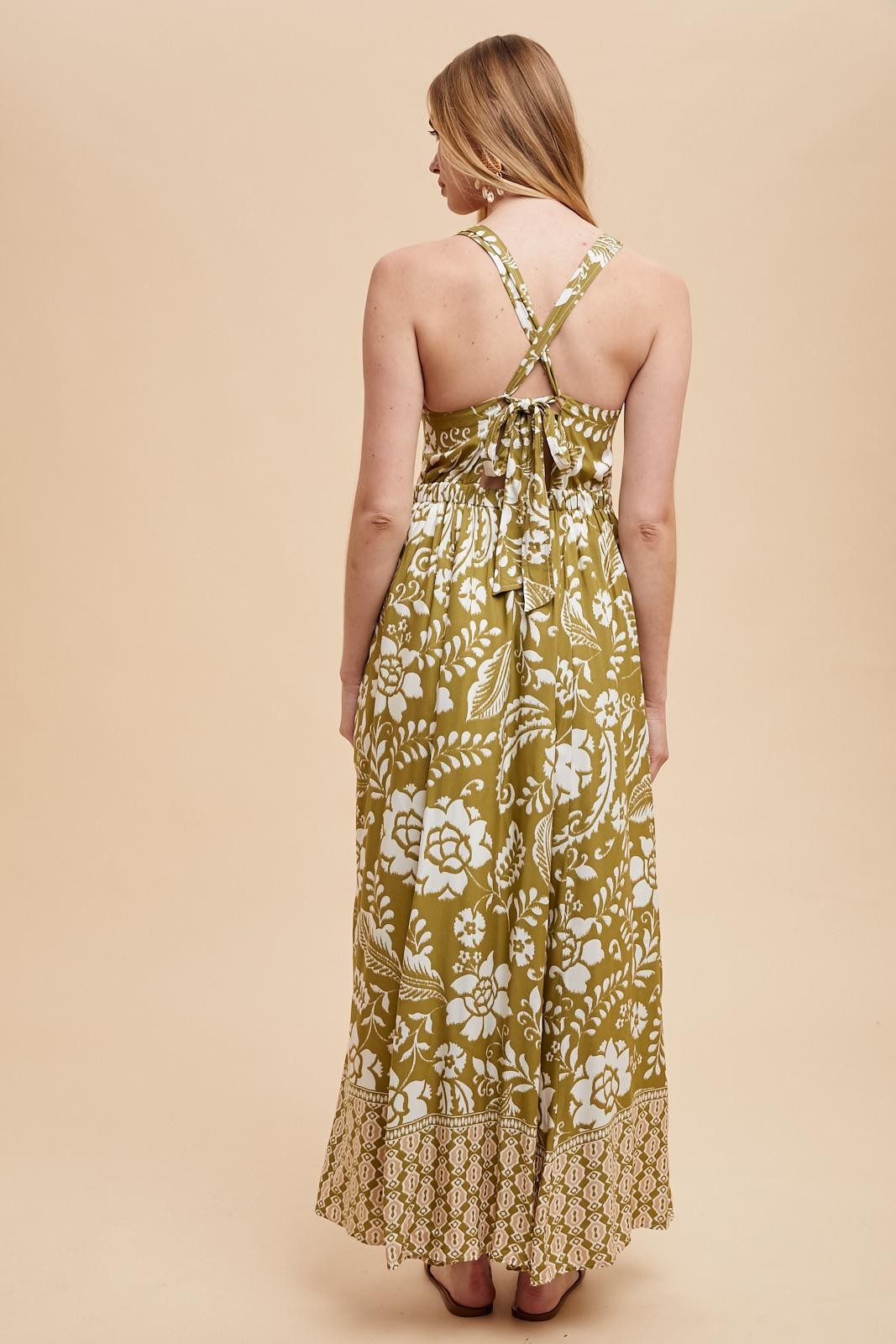 Olive Floral Crisscross Back Cutout Maxi Dress