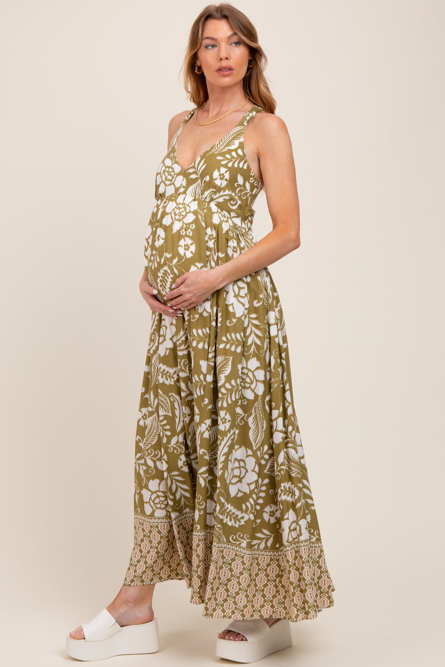 Olive Floral Crisscross Back Cutout Maternity Maxi Dress