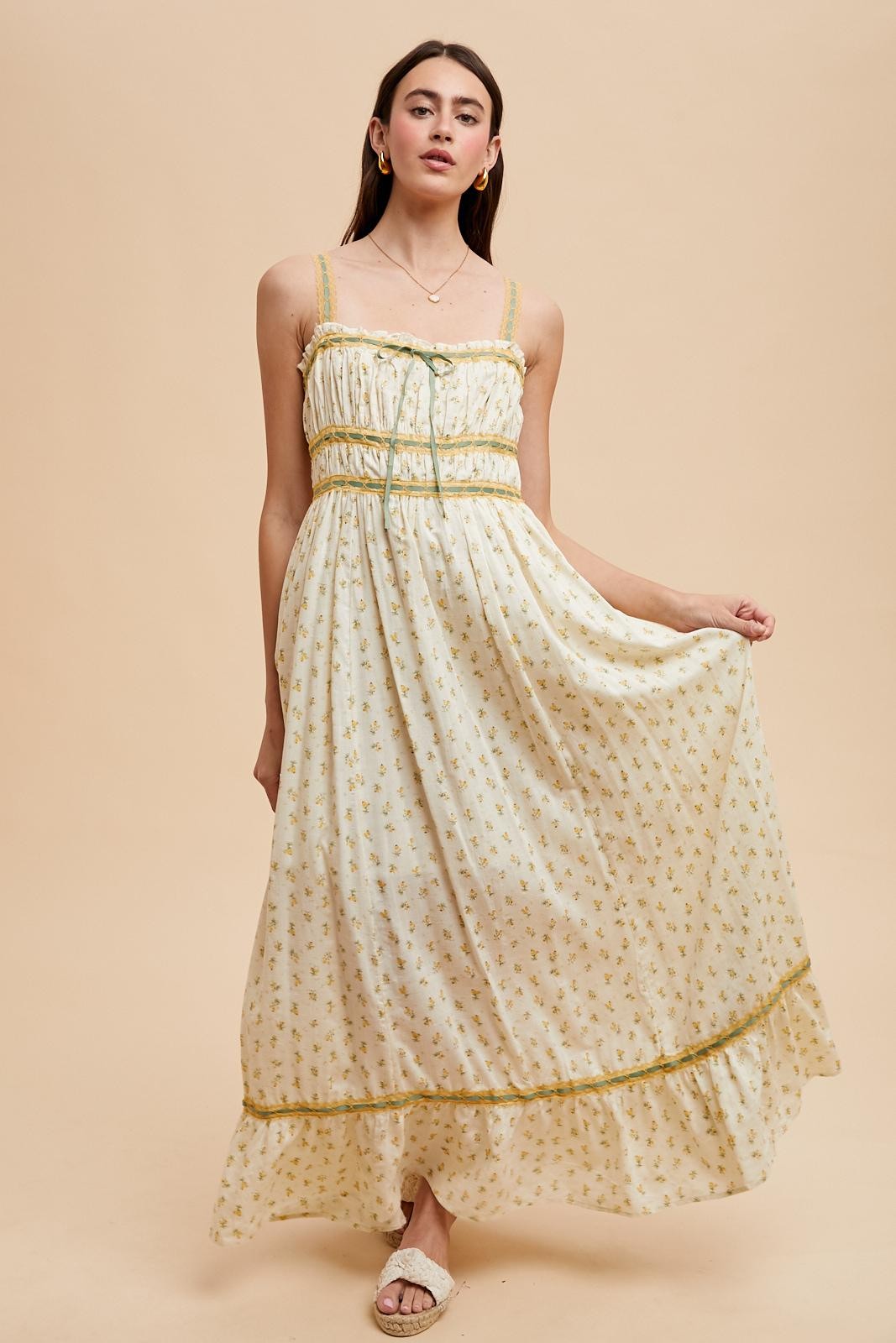 Yellow Floral Ribbon Detail Sleeveless Maxi Dress