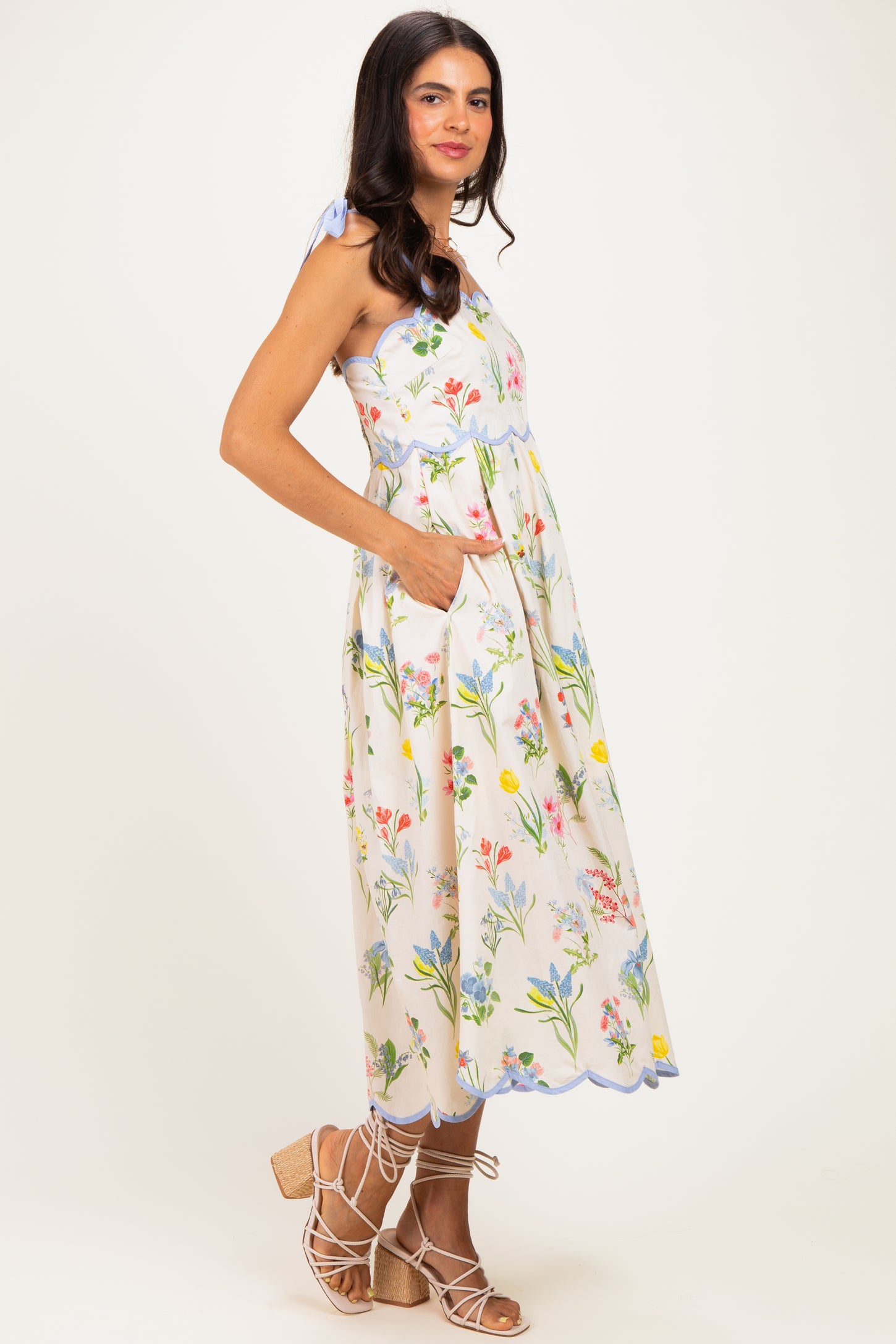 Cream Floral Shoulder Tie Scallop Trim Midi Dress