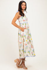 Cream Floral Shoulder Tie Scallop Trim Midi Dress