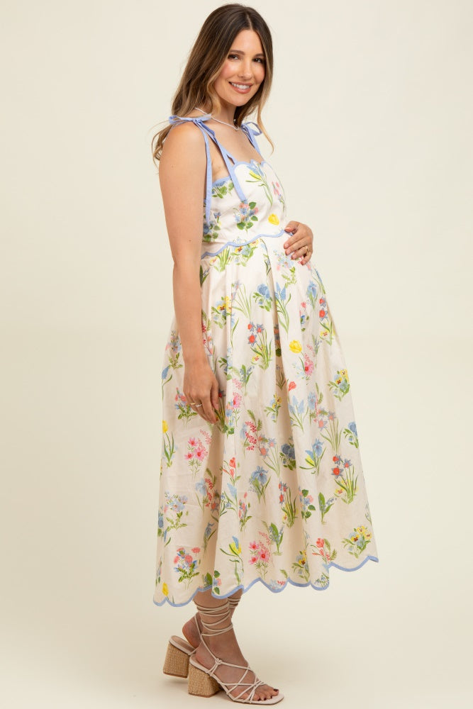 Cream Floral Shoulder Tie Scallop Trim Maternity Midi Dress
