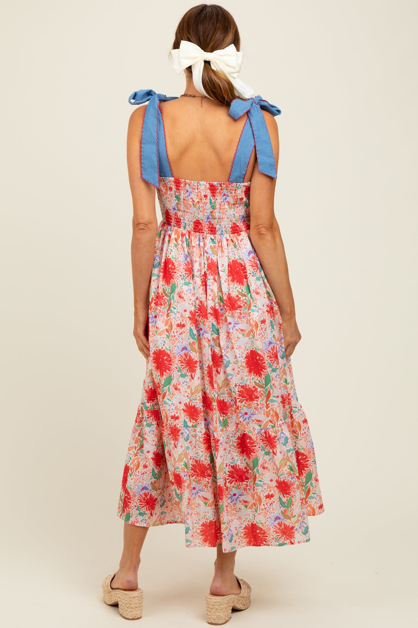 Red Floral Contrast Shoulder Tie Midi Dress