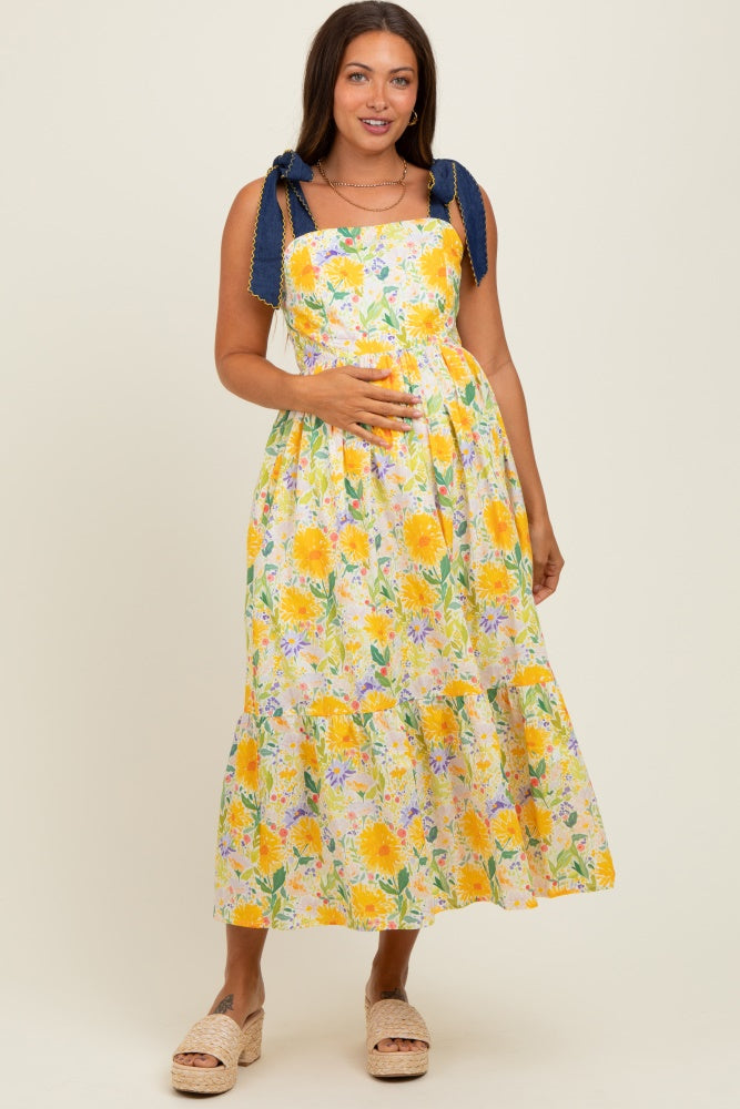 Yellow Floral Contrast Shoulder Tie Maternity Midi Dress