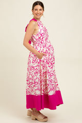 Fuchsia Floral Bow Tie Sleeveless Maternity Midi Dress