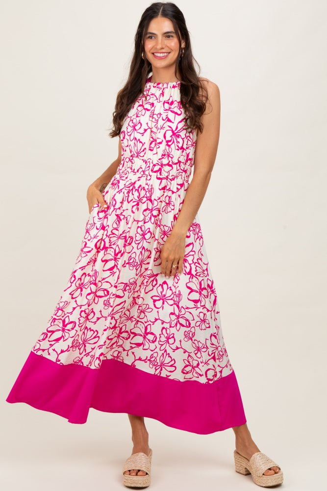Fuchsia Floral Bow Tie Sleeveless Midi Dress