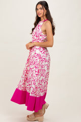Fuchsia Floral Bow Tie Sleeveless Midi Dress