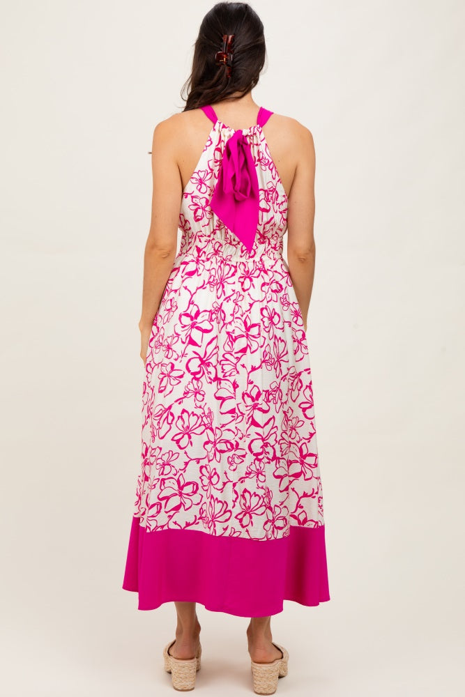 Fuchsia Floral Bow Tie Sleeveless Midi Dress