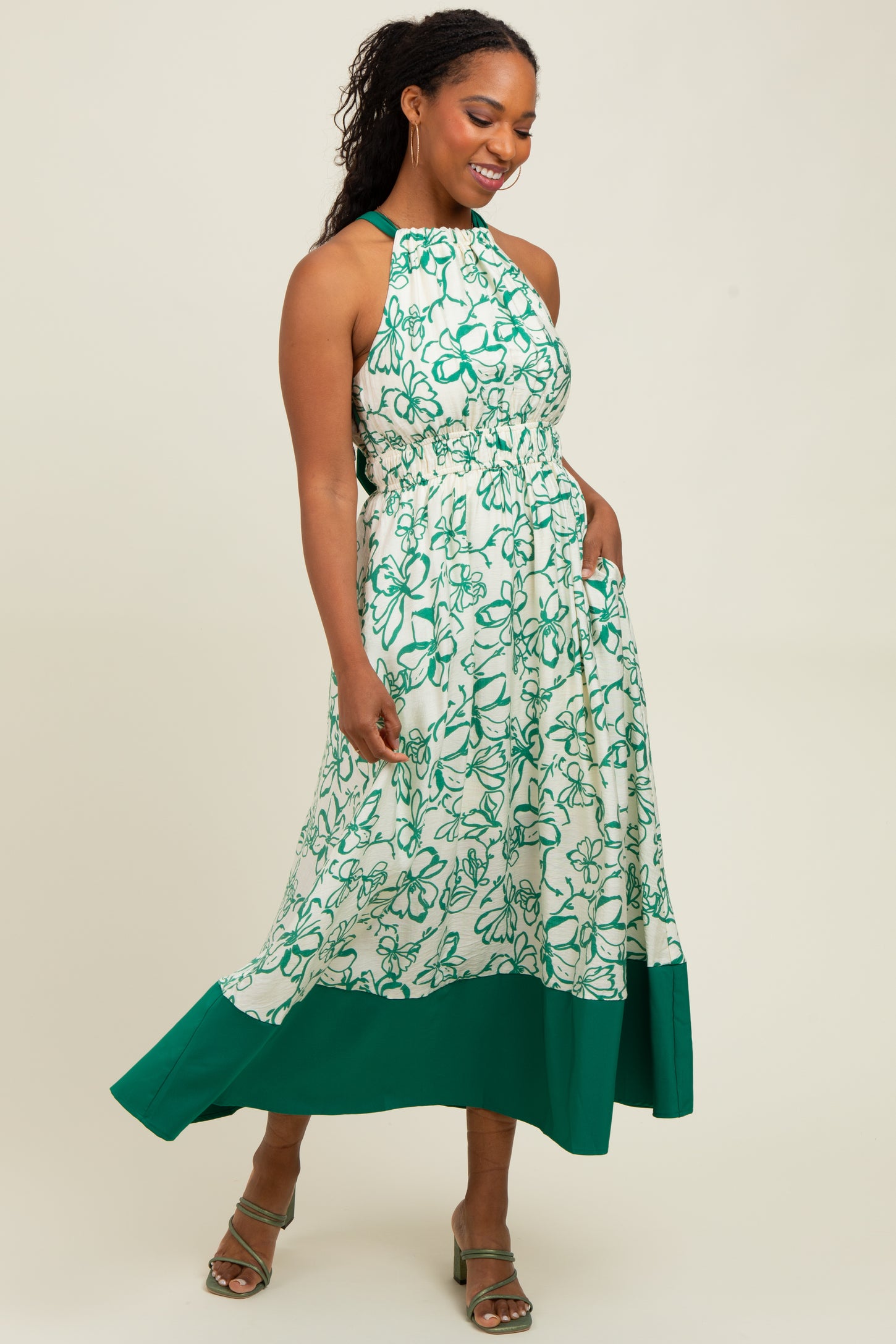 Green Floral Bow Tie Sleeveless Midi Dress
