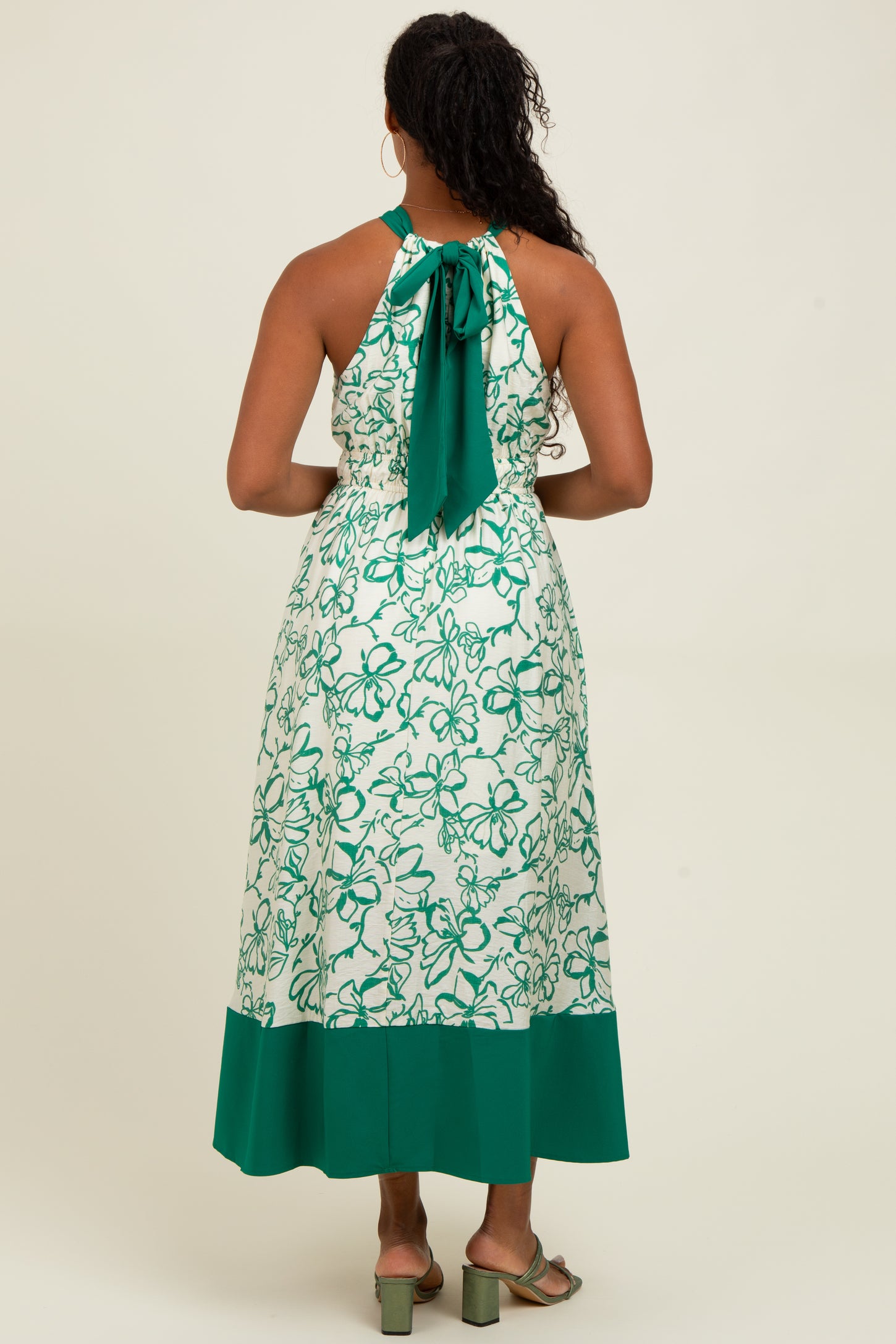 Green Floral Bow Tie Sleeveless Midi Dress