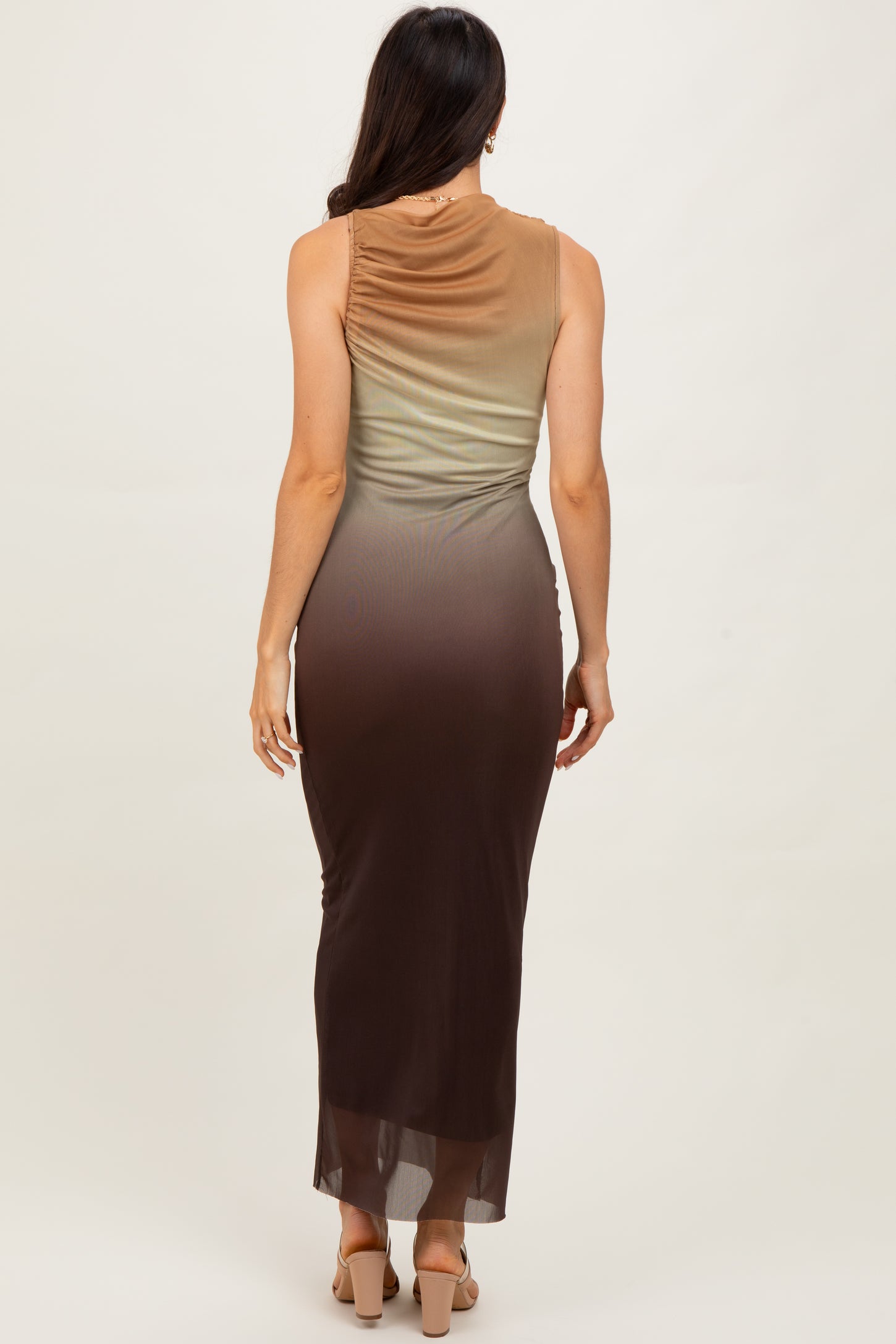 Brown Ombre Mesh Ruched Sleeveless Midi Dress