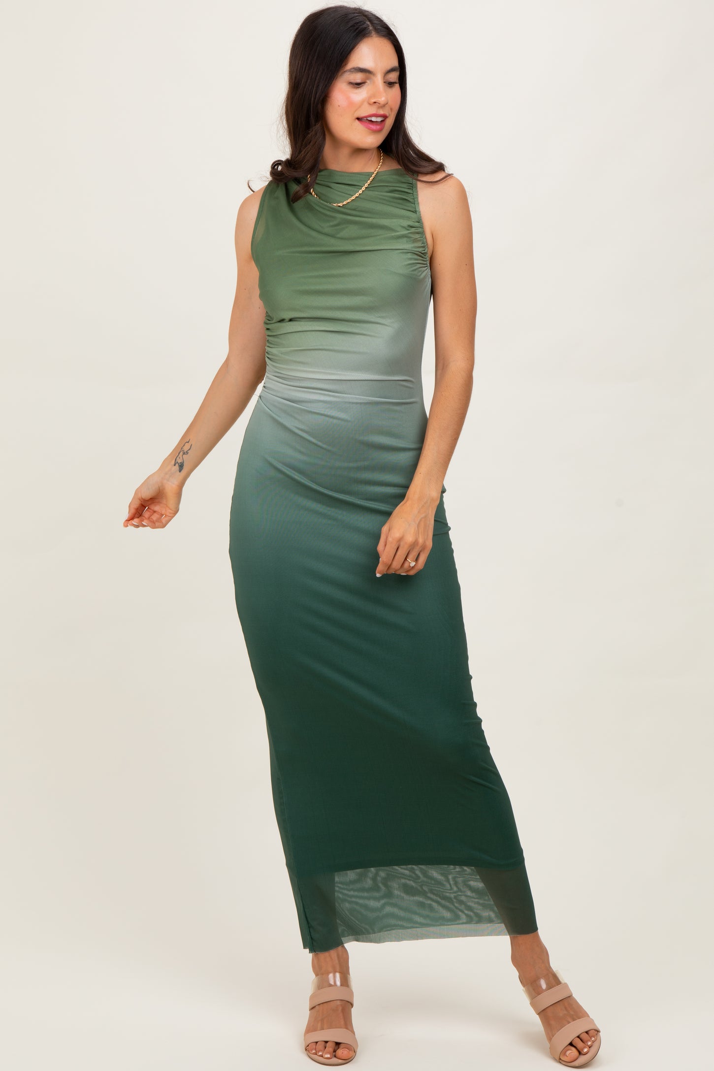 Forest Green Ombre Mesh Ruched Sleeveless Maternity Midi Dress
