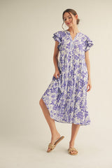Lavender Floral Ruffle Sleeve Tiered Midi Dress