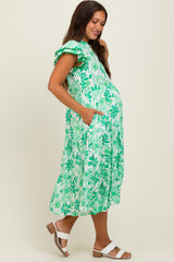 Green Floral Ruffle Sleeve Tiered Maternity Midi Dress