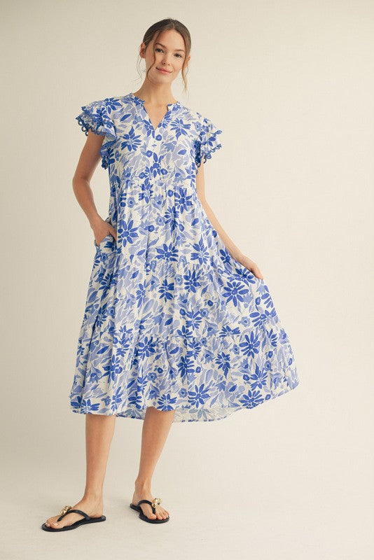 Blue Floral Ruffle Sleeve Tiered Maternity Midi Dress