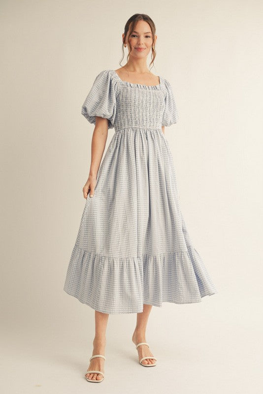 Light Blue Gingham Smocked Puff Sleeve Midi Dress